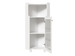 Meuble d'angle triangulaire avec porte en verre ondulé, étagère ouverte, éclairage led connecté et étagères réglables