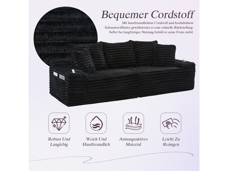  Canapé convertible, canapé-lit; porte-gobelets, noir, en velours tricoté  - Conforama E