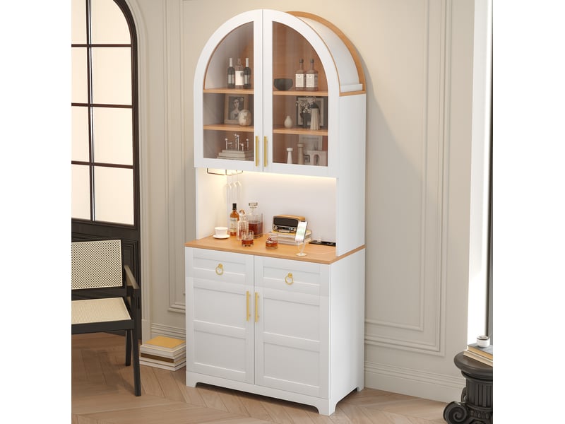  Buffet 80x40x180 cm avec vitrine en verre cintrée, éclairage led, prise intégrée et usb, 2 tiroirs, en mdf, blanc  - Conforama D