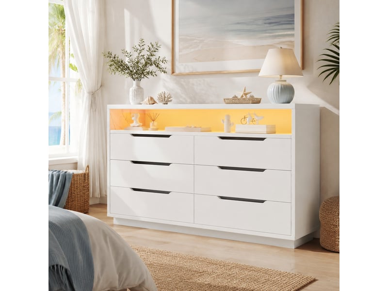  Buffet avec led et 6 tiroirs – blanc, 120 x 40 x 85 cm  - Conforama B
