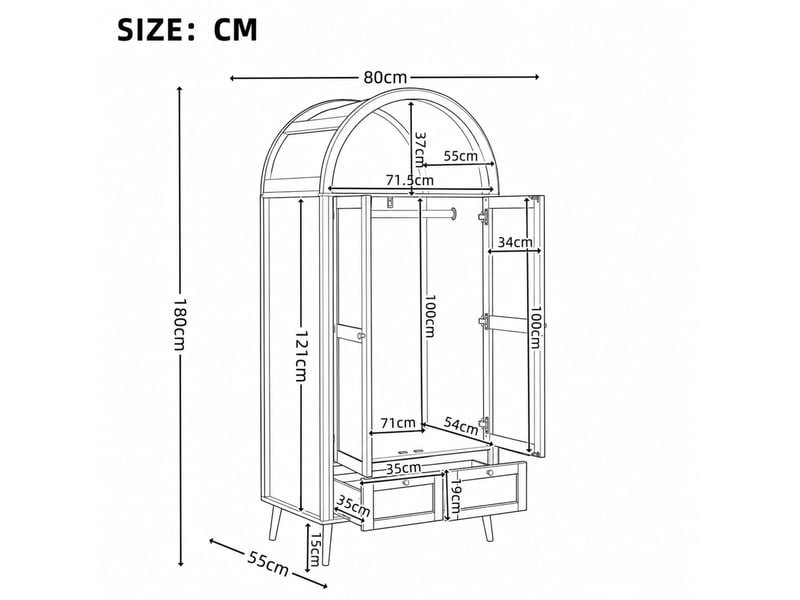 Armoire 2 portes 2 tiroirs en mdf bois clair et résine tressée beige, 80 x 55 x 180 cm, avec tringle et niche ouverte - Conforama C