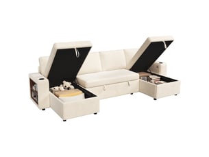 Canapé d'angle panoramique convertible Bubbly 4 places Tissu beige avec coffre de rangement