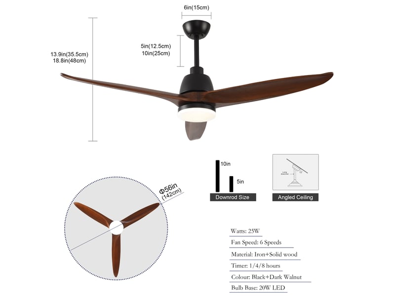 Ventilateur de plafond 142 cm avec led, télécommande, 6 vitesses, noyer et noir - Conforama C