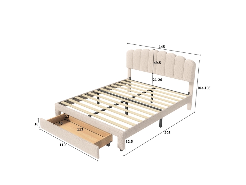  Lit avec tiroir 140x200 cm, lit double capitonné avec ports usbtype-c, tête de lit coquillage, lit adulte avec sommier en velours, style scandinave  - Conforama E