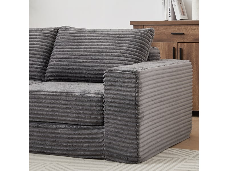  Canapé droit convertible 2 places en velours côtelé gris, modules libres et repose-pieds amovibles pour le salon  - Conforama D