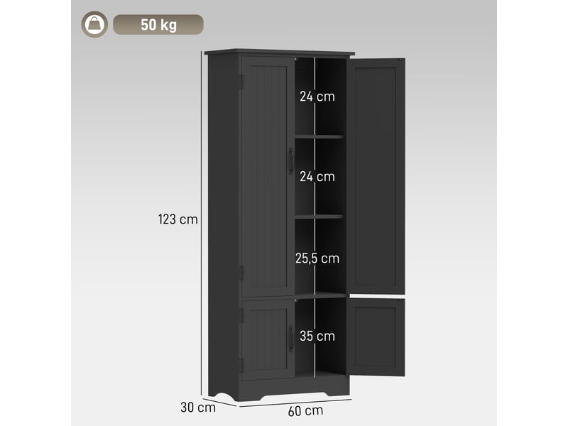  Buffet de cuisine, meuble de cuisine moderne avec de multiples options de rangement, 2 placards, 3 étagères, 60 x 30 x 123 cm, noir  - Conforama E