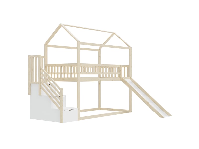  Lit mezzanine enfant 90x200 cm – bois naturel – toboggan, escalier de rangement et sommier à lattes - sans matelas  - Conforama D