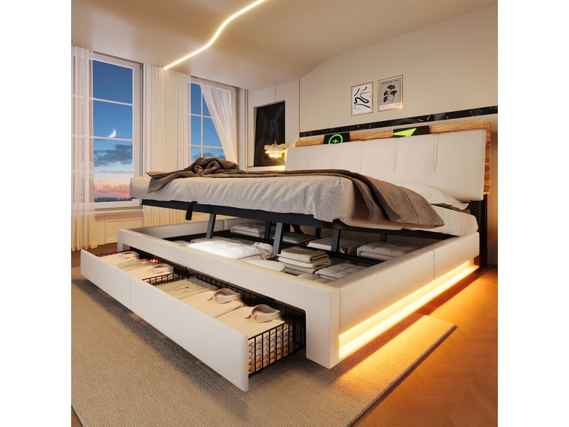  Lit coffre 180x200 cm, lit double, rangement hydraulique, led, lin beige, usb et usb-c  - Conforama W