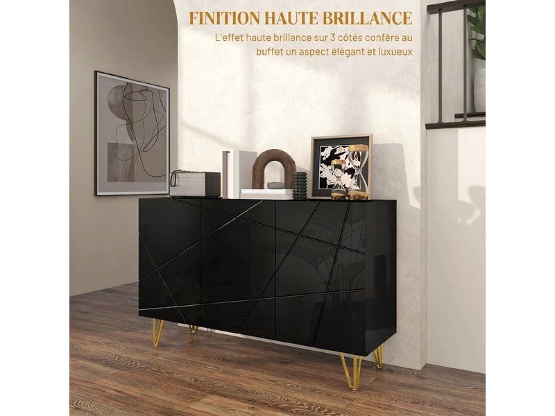  Buffet salon, meuble de rangement à haut brillance, 120x40x75cm, 3 portes à fermeture douce et étagères réglables, noir  - Conforama A