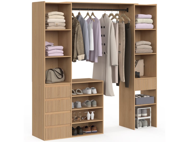  Dressing extensible double xxl juliette 120-180 cm effet lattes tasseau bois avec tiroirs + étagères + penderie  - Conforama A