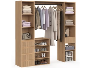 Dressing extensible double xxl juliette 120-180 cm effet lattes tasseau bois avec tiroirs + étagères + penderie