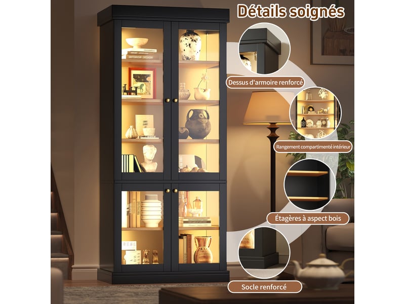  Vitrine haute 80 x 40 x 180 cm avec éclairage led, rangements compartimentés et dispositif anti-basculement, noir  - Conforama D