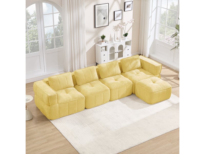  Canapé 4 places - 344x162x67cm - canapé d'angle modulaire en l avec pouf repose-pieds en mousse 32d sans cadre - jaune  - Conforama D