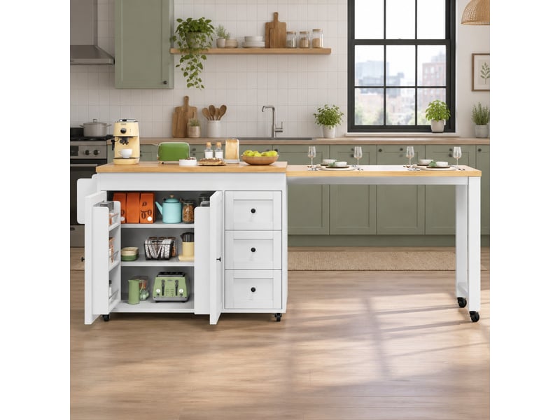  Desserte de cuisine extensible avec 3 tiroirs, placard et roulettes freinées, pour cuisine, mdf blanc, 116 × 45 × 89 cm  - Conforama B