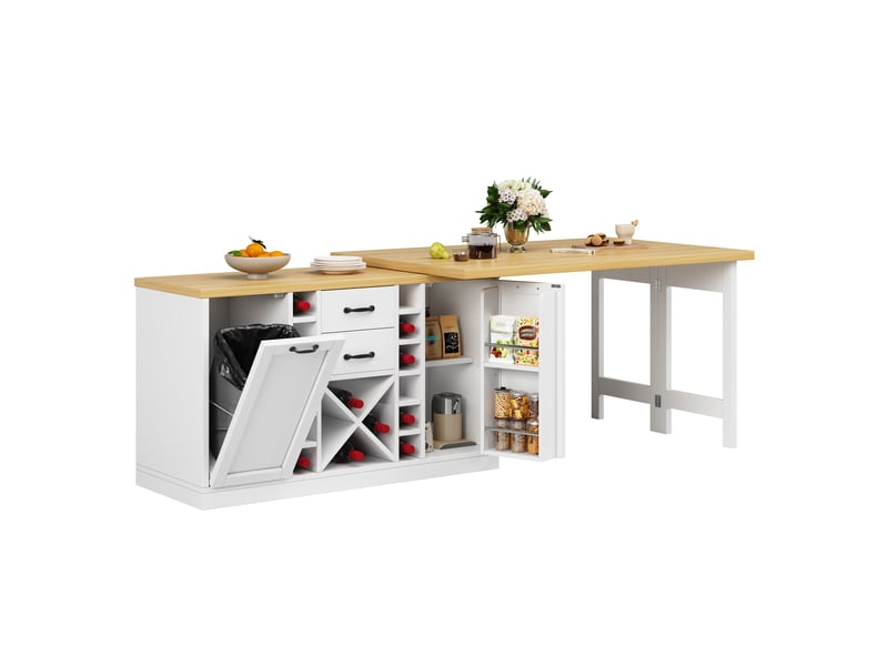  Îlot de cuisine rotatif blancnoir 120–223 cm, range-bouteilles amovible, porte-poubelle, étagères snack  - Conforama E