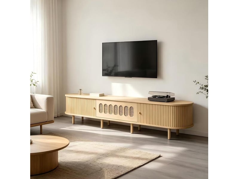  Meuble tv avec porte abattante et 2 portes coulissantes, 5 espaces fermés en mdf naturel pour salon 180 × 40 × 40 cm  - Conforama E