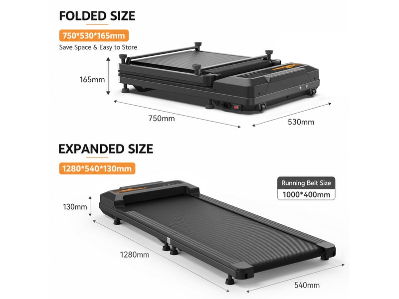  Tapis de course pliable sous bureau 128x54 cm – noir – pliage à 180°, télécommande et 12 programmes  - Conforama B