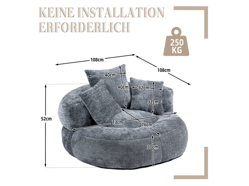  Fauteuil inclinable - à dossier haut - avec 3 coussins - résistant et confortable - chenielle - gris  - Conforama E