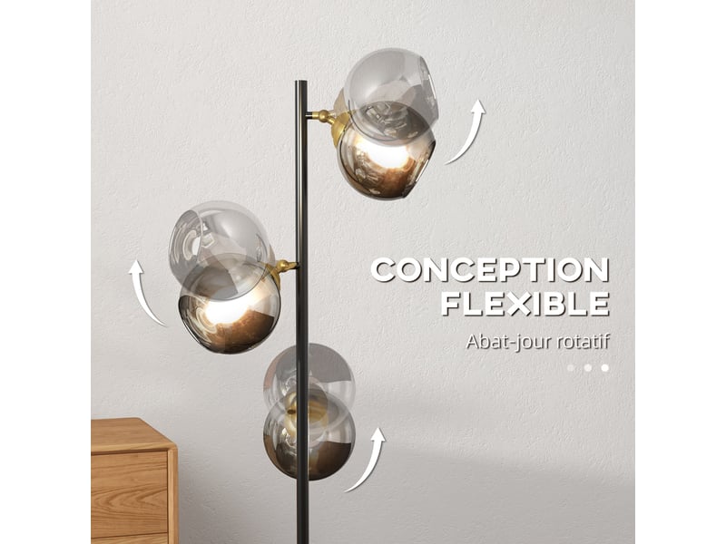  Lampadaire sur pied salon en métal avec 3 abat-jours globe chromé métal 40w  36 x 162h cm noir et gris  - Conforama E