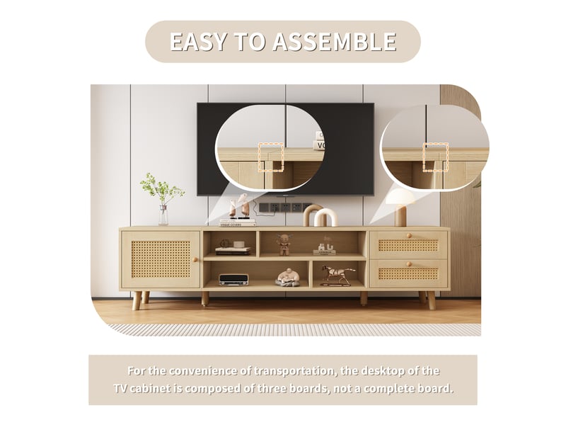  Meuble tv contemporain 160 cm bois et rattan – pour tv 70, 2 tiroirs, 1 porte, gestion des câbles, meuble bas salon  - Conforama D