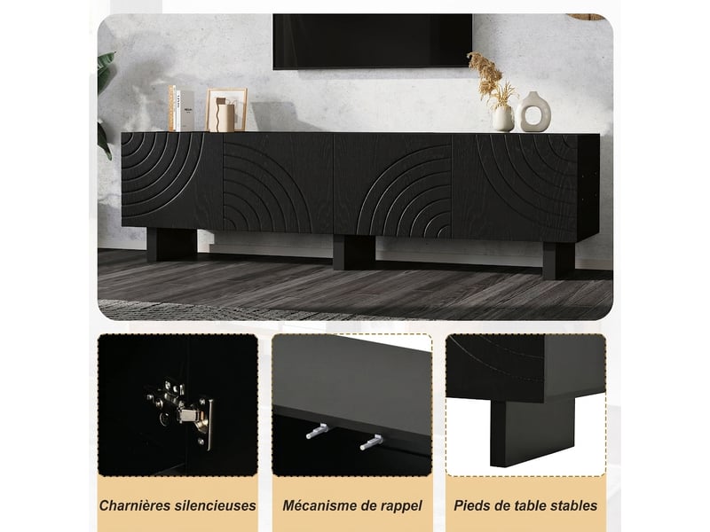  Meuble tv noir 180 cm pour tv jusqu'à 75 pouces, avec 4 portes texturées, design moderne  - Conforama D