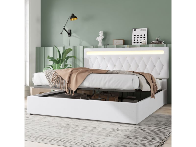  Lit capitonné 180x200, design moderne lit double, rangement intégré, ouverture hydraulique assistée, led multicolore, ports usb  - Conforama B