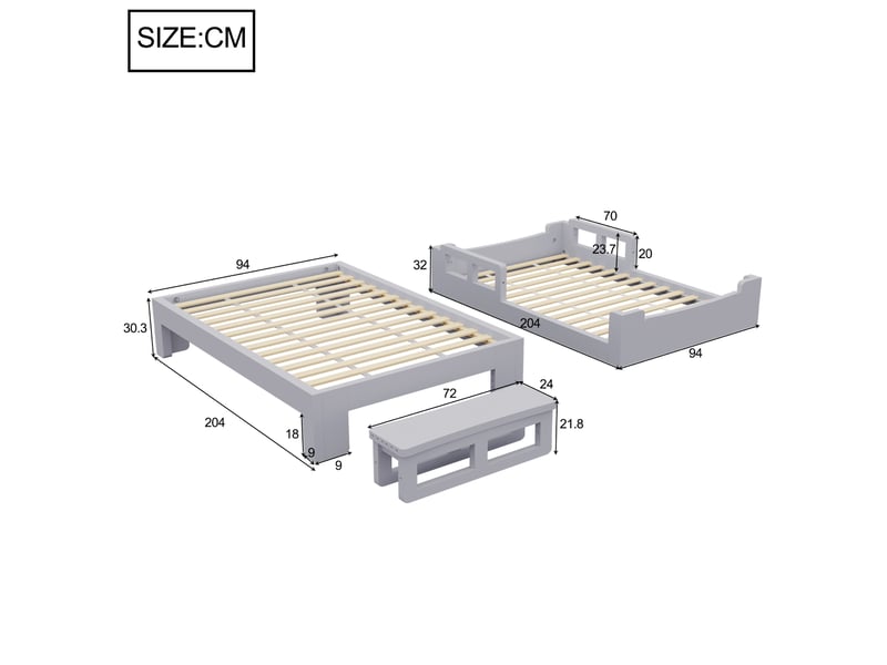 Lit évolutif enfant 90x200cm gris, lit bas avec barrières ou lit simple avec banquette au pied, structure bois et sommier à lattes, pour la chambre - Conforama D