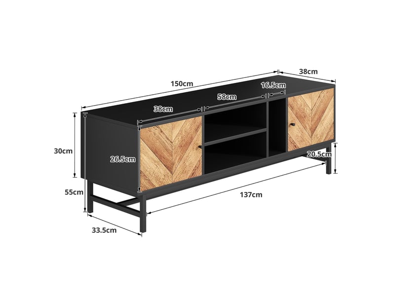  [déstockage] meuble tv 150 cm noir bois grand espace rangement style moderne minimaliste  - Conforama C