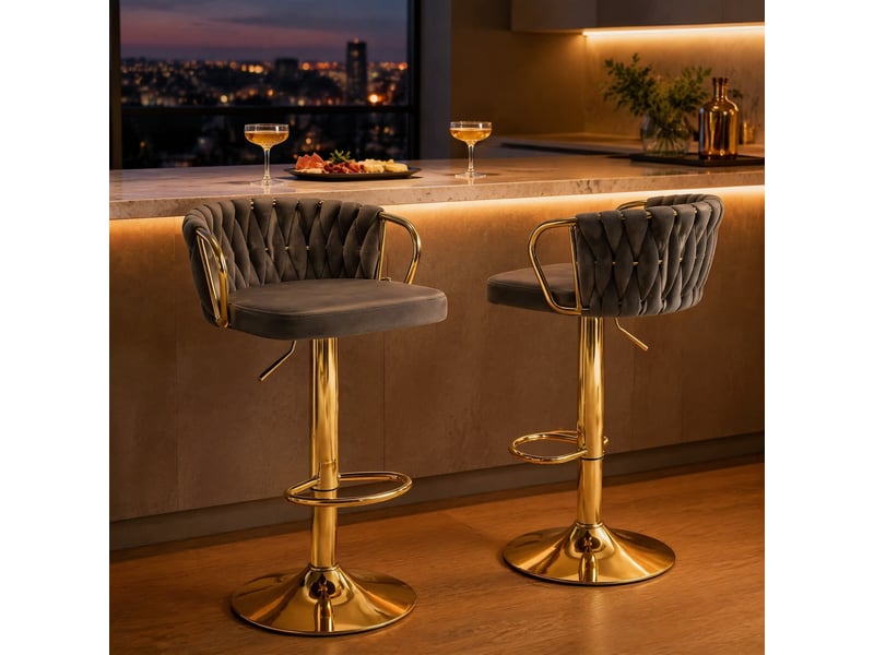  Lot de 2 tabourets de bar pivotants réglables avec dossier, accoudoirs et repose-pieds, en velours gris foncé  - Conforama C