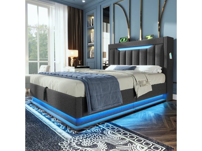  Lit coffre 90x200 cm, lit enfant avec tête de lit de rangement, prise usb et led, tissu en lin gris sans matelas  - Conforama C