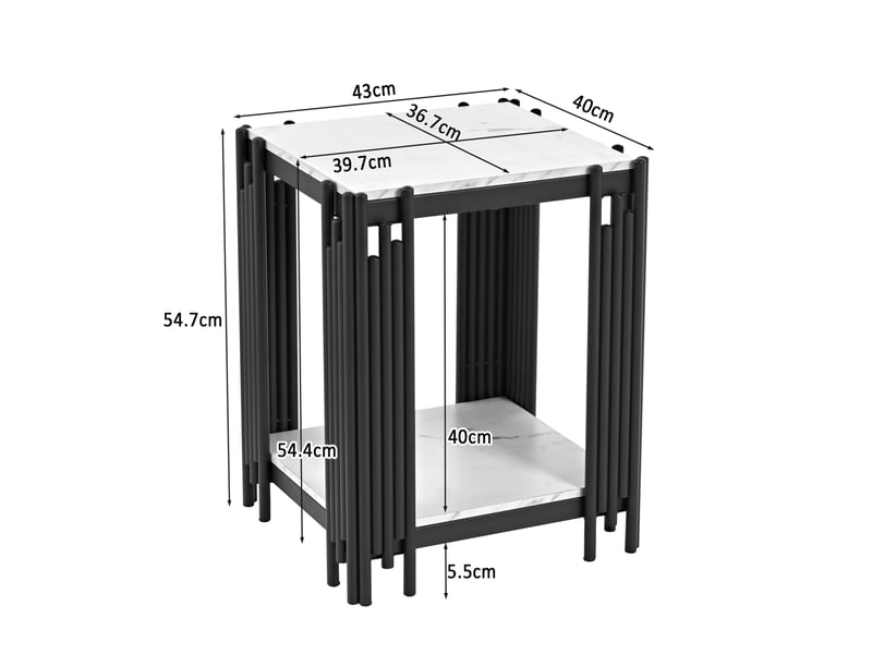  Table basse 43x40x55 cm, 2 niveaux, en mdf aspect marbre noir et coloris blanc, structure en métal noir  - Conforama C