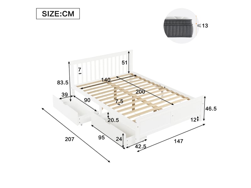  Lit en bois blanc 140x200 cm avec 2 tiroirs de rangement, tête à lattes et cadre en pin  - Conforama B