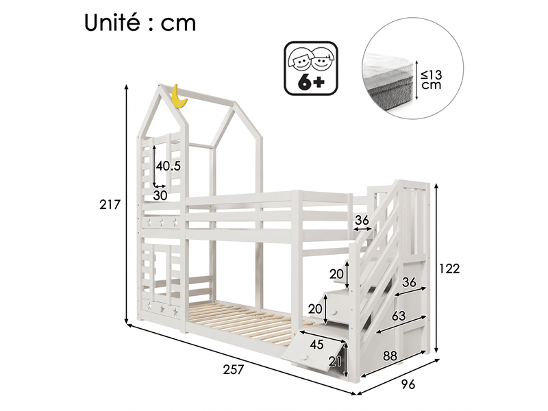  Lit superposé cabane enfant avec tiroirs 90x200 cm - bois massif blanc rangement intégré  - Conforama C