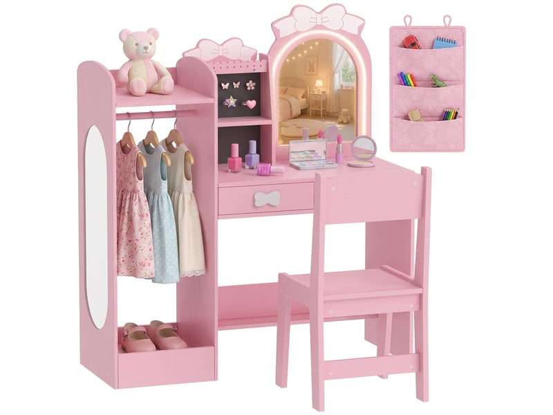  Coiffeuse enfant avec tabouret miroir led et penderie mdf rose 92 x 36 x 103,3 cm  - Conforama A