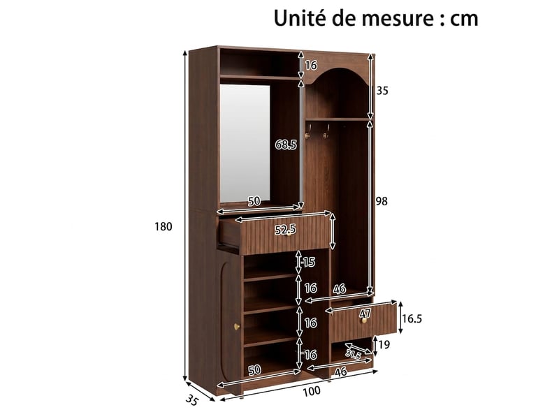  Vestiaire d'entrée avec miroir et banc, meuble d'entrée avec éclairage led, vestiaire compact en noyer, 100x35x180 cm  - Conforama D
