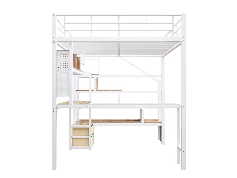 Lit mezzanine 140x200 cm métal blanc avec led, bureau, tiroirs et rangements - Conforama E