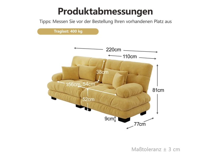 Canapé d'angle, canapé 2 places – jaune, coussins inclus, en chenille, style cloud - Conforama W
