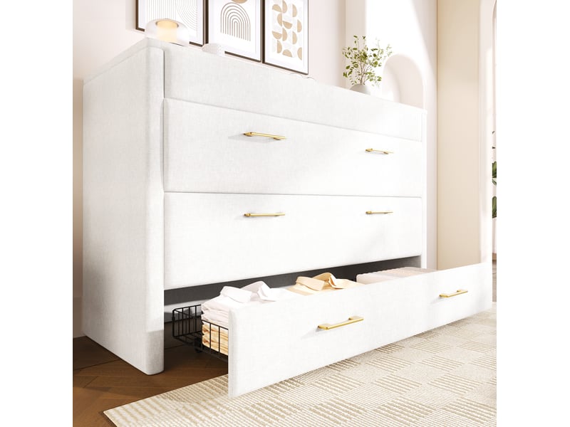  Lit escamotable 140 x 200 cm avec tiroir, ports usb et usb-c, beige en lin et mdf  - Conforama E
