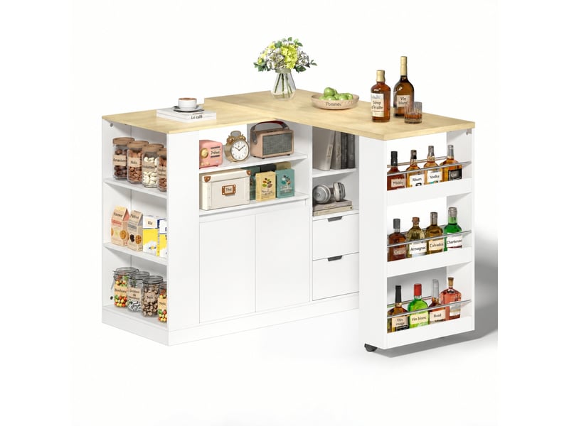  Îlot de cuisine avec plateau extensible, rangement et 2 tiroirs, 115 cm, blanc et bois naturel  - Conforama A