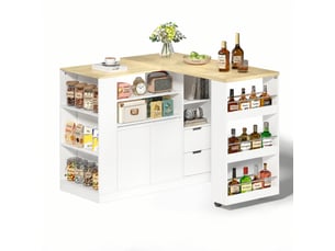 Îlot de cuisine avec plateau extensible, rangement et 2 tiroirs, 115 cm, blanc et bois naturel