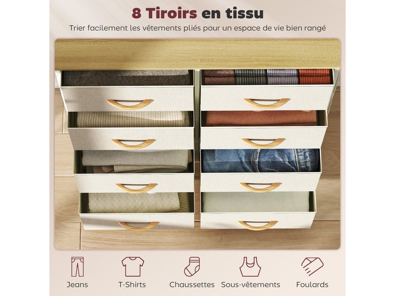  Commode 8 tiroirs en tissu et acier 4 poches 2 crochets beige 86 x 30 x 94,5 cm  - Conforama D