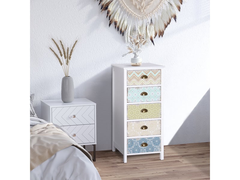  Commode vintage à 5 tiroirs, style shabby chic, pour salle de bain, entrée ou chambre, 46 × 34 × 97,5 cm, blanche  - Conforama C
