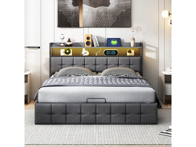  Lit coffre rembourré 140 x 200 cm avec rangement hydraulique, lit deux places, tête de lit avec éclairage led et port usb, cadre de lit pour adulte, revêtement en tissu effet lin, gris foncé, matelas … 240719HGY0101#ADHWwewWtJFRHF - Conforama D