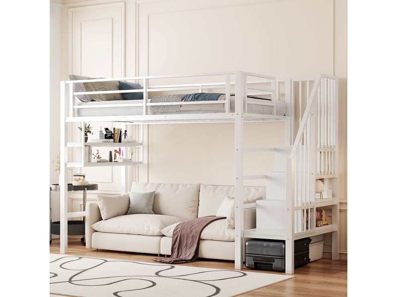  Lit mezzanine enfant 90x200, lit surélevé en métal blanc avec échelle de rangement et étagères, cadre robuste, 255x95x160cm.  - Conforama B