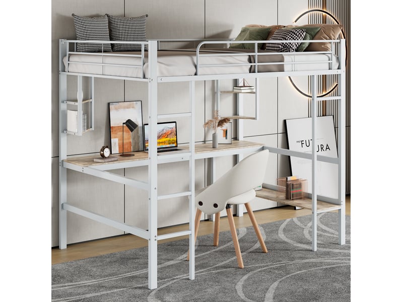 Lit mezzanine 90x200 cm avec bureau et étagères en métal et mdf blanc - Conforama C