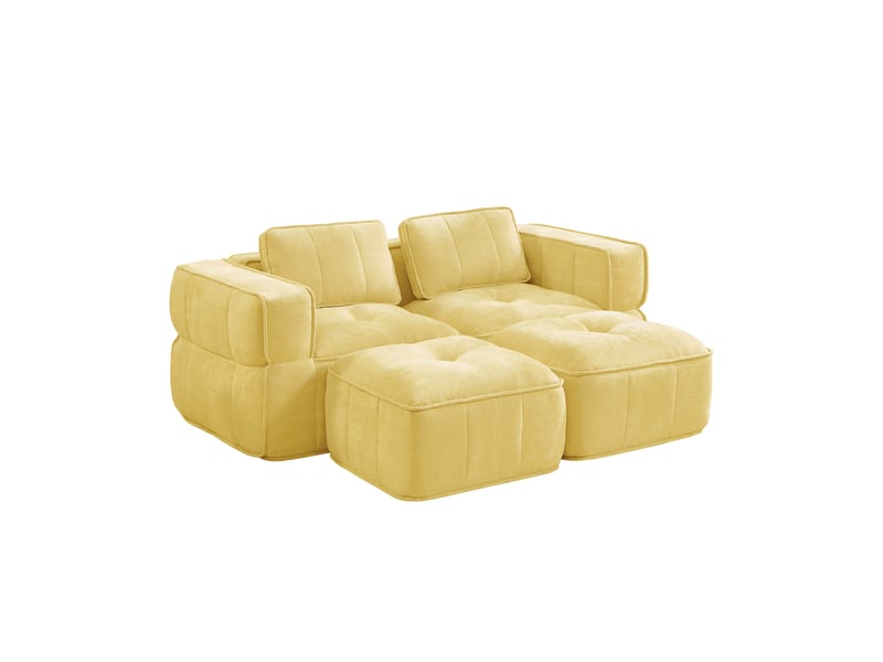  Canapé modulable 2 places avec deux poufs, canapé jaune en tissu polyester, assise profonde et mousse haute densité 32d pour le salon  - Conforama W