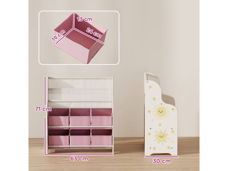  Meuble de rangement pour jouets avec 6 tiroirs en tissu et bibliothèque à 2 niveaux, bois et acier, 63 x 30 x 71 cm, rose  - Conforama D