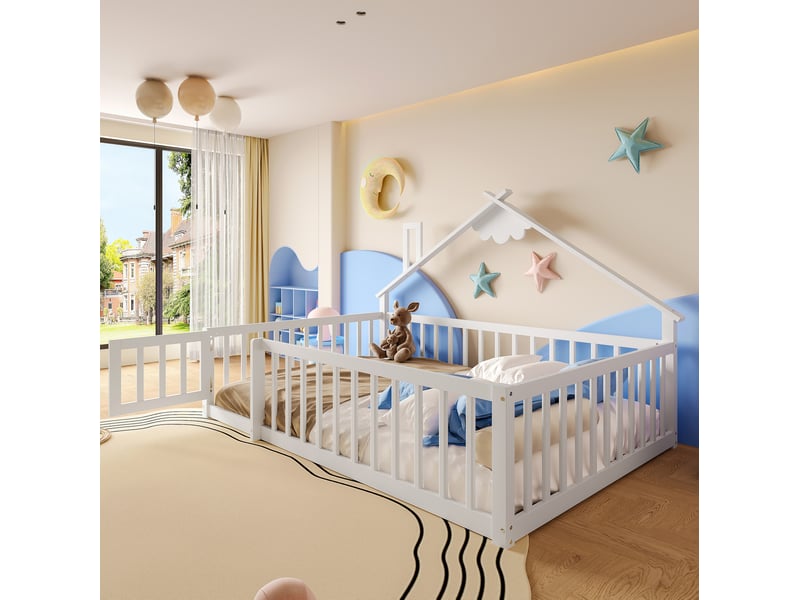 Lit enfant maison 140x190 cm, barrière 32 cm avec serrure, design cabane, montage facile, pin mdf, blanc, sans matelas - Conforama D