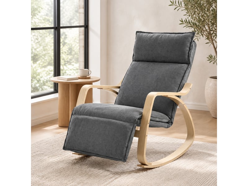 Fauteuil à bascule avec repose-pieds réglable 5 positions en polyester gris foncé, 67 × 106 × 92 cm - Conforama C