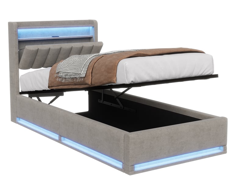  Lit coffre 90 x 200 avec sommier led et usb, lit simple rembourré avec hydraulique rangement e tete de lit, lit 1 personne pour adultes et ado  - Conforama A